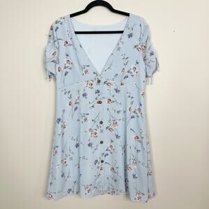 Boutique V Neck Button Front Short Sleeve Floral Print Dress Large L Mini Casual